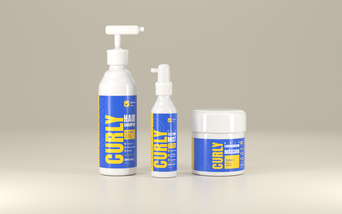 Pack Linha Curly com as três embalagens: champô, Texture Mist e condicionador 3 em 1